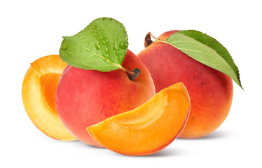 Fresh raw sweet Apricot with green leaves isolated