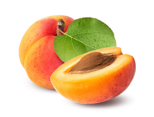 Fresh raw sweet Apricot with green leaves isolated