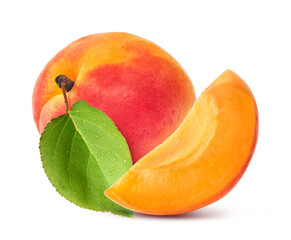 Fresh raw sweet Apricot with green leaves isolated