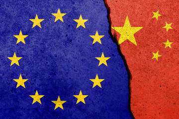 Europe Union and China flags painted on the concrete wall
