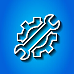 Gear wrench simple icon. Flat desing. White icon with shadow on blue background.ai