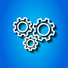 Gears simple icon vector. Flat desing. White icon with shadow on blue background.ai