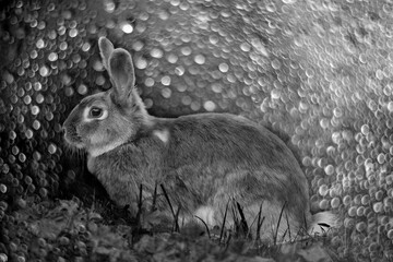 a rabbit in the garden - black and white