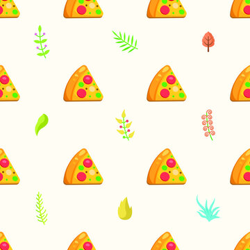 Seamless Pattern Abstract Elements Fast Food Pizza With Leaves Vector Design Style Background Illustration Texture For Prints Textiles, Clothing, Gift Wrap, Wallpaper, Pastel