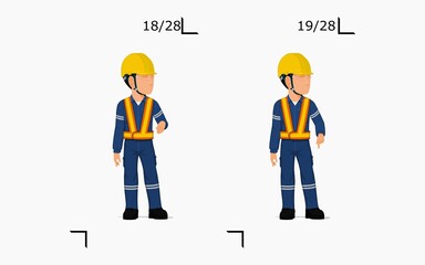 An industrial worker is explaining something on the floor