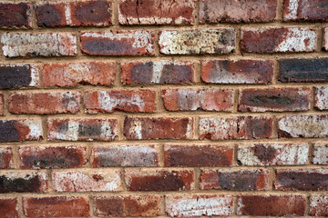 Fototapeta premium Built bricks in a wall of an old farm house. Showing textures and patterns of the rustic living with cracks and old cement, perfect for a background or a textured wall