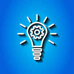 Light bulb with gears simple icon. Flat desing. White icon with shadow on blue background.ai
