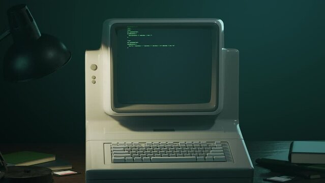 Old personal computer or PC zooming out. Source code running on screen, display. Dynamic noise, glitch effects. Table lamp light. Retro style composition. Vintage 70s, 80s monitor. 3D Render animation