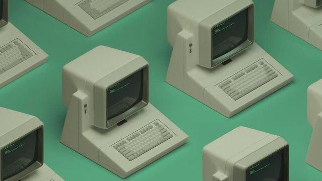 Old PC or personal computers with keyboard dynamic motion. Abstract 3D Render pattern. Source code on screens, displays. Green, white colors. Vintage 80s, 90s retro style 4K seamless loop animation