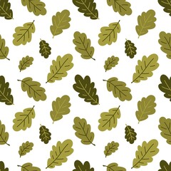 Seamless vector pattern with cute hand drawn oak tree leaves. Fun design. Green palette. Floral background with foliage for apparel, fabric, wallpaper, textile, packaging, card, print, wrapping paper.