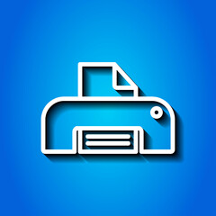 Printer, print simple icon. Flat desing. White icon with shadow on blue background.ai
