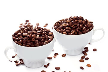 Cups filled with a roasted coffee beans on white background