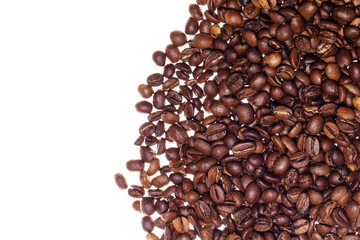 Pile of roasted coffee beans on white background