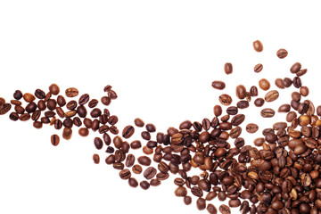 Pile of roasted coffee beans on white background