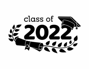 Class of 2022 with graduation cap in black color. Template for high school or college party design, graduation invitation or banner. Black silhouette - obrazy, fototapety, plakaty