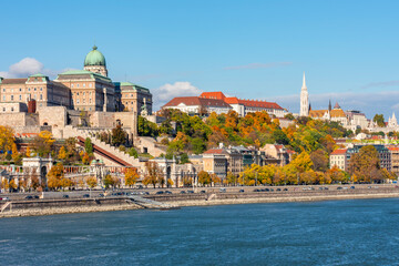 Buda side of Budapest with Royal palace, Castle hill and Fisherman bastion over Danube river in autumn, Hungary