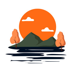 Vector flat illustrations with mountains, sun and trees.