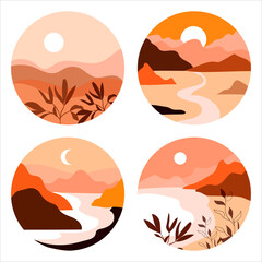 Vector flat illustration with mountains, sun and plants