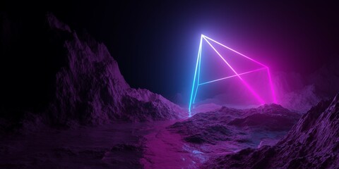 Mountain terrain landscape with pink and blue neon light glowing pyramid wireframe frame, retro technology or futuristic alien background template