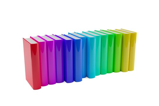 Rainbow colored row of hardcover books over white background, literature, study or education concept