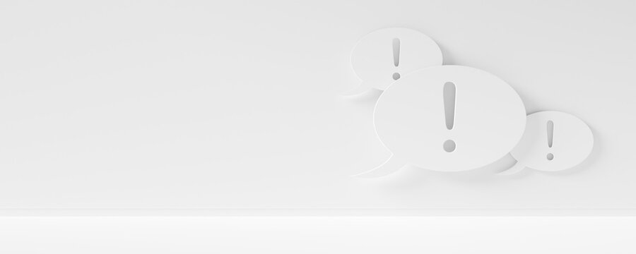 Group of white speech bubbles with exclamation marks on bright white room background with copy space, attention or communication business concept