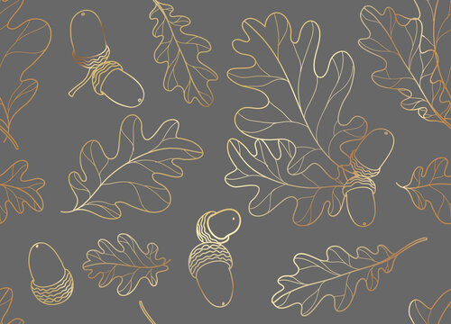 Gold oak leaves with acorn seamless vector background. Golden line abstract fall leaf shapes on dark background. Elegant, luxurious pattern for scrap booking, banners, packaging, wedding.