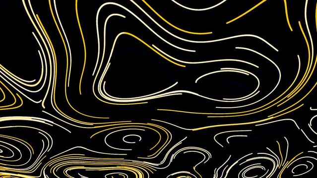 Topographic neon contours of lines. Motion. Colored neon lines slowly move along topographic contours. Topographic neon pattern on black background
