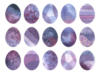 Easter eggs watercolor set. Purple color. Hand painted illustration elements. Holiday spring april background. isolated on white. For greetings card design, wallpaper, invitation, menu.