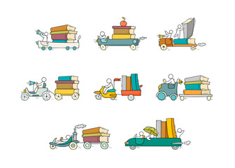 Sketch set of many books with little people.