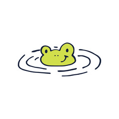 Baby cute sleeping frog in the water. Vector object on a white background. Green and blue color. Flat design element