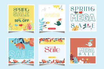 Naklejka premium spring discounts, big discounts, instagram posters, collection of discount templates, spring flowers, bright spring templates, birds, spring,shop now