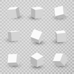 3d cubes in different perspective, angles and isometric view. White cubes with shadow isolated on background. 3d white blocks and boxes. Vector