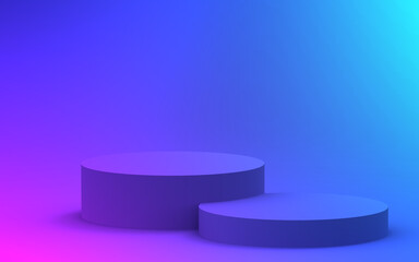 3d purple blue neon light cylinder podium minimal studio gradient dark colors background. Abstract 3d geometric shape object illustration render. Display for nightclub party and technology product.