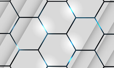Naklejka premium White 3d hexagonal technology vector abstract background. Blue bright energy flashes under hexagon in modern technology futuristic vector illustration. White honeycomb texture grid background.
