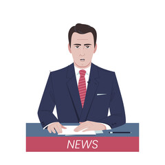 News anchor. Cartoon white male newsreader character is isolated on a white background. Vector illustration. Television concept. - obrazy, fototapety, plakaty