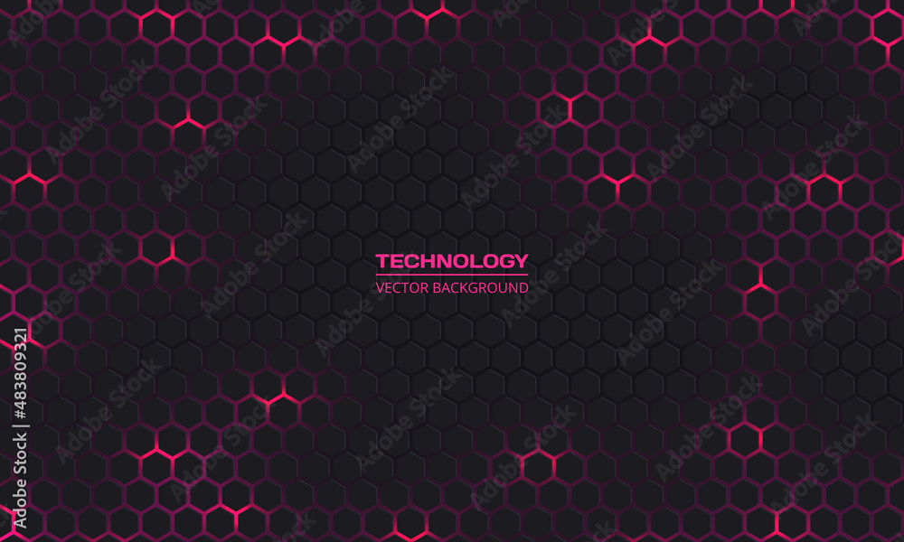 Aufkleber Dark gray hexagonal technology vector abstract background. Pink bright energy flashes under hexagon in modern futuristic technology background vector illustration. Dark gray honeycomb texture grid.