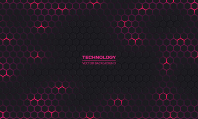 Dark gray hexagonal technology vector abstract background. Pink bright energy flashes under hexagon in modern futuristic technology background vector illustration. Dark gray honeycomb texture grid.