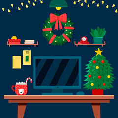 Vector illustration of a new year room with a computer tree and a new year wreath