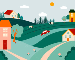 Vector illustration of nature with houses, car and horse.
