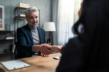 Mature financial advisor shaking hand with his client indoors in office.