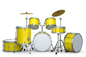 Fototapeta na wymiar Set of realistic drums with metal cymbals or drumset on white background
