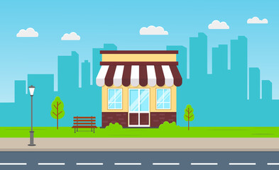 Street store buildings vector illustration, a flat style design.