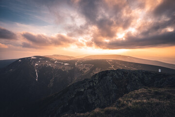 Obraz na płótnie Canvas Sunset from the highest Czech mountain Snezka