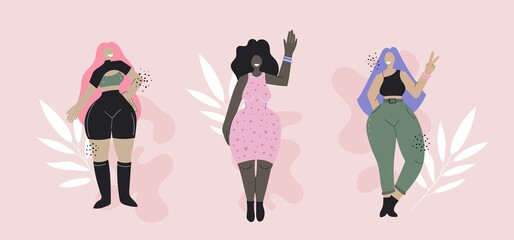 Happy Body positive women of Different ethnicity and skin colour. Characters set of Variety poses and gestures . Love your body. Trendy vector illustration for web, app.