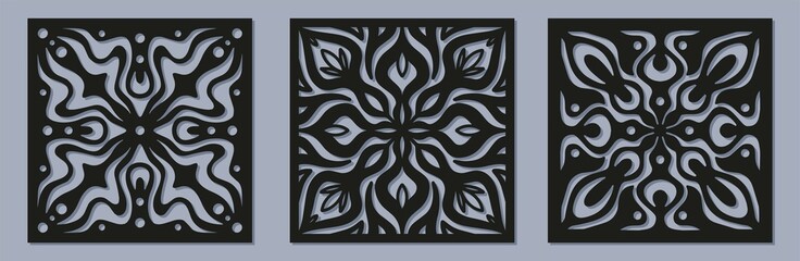 Vector Laser cut square panel set with vintage baroque pattern. Ornamental templates collection for wedding invitation or greeting card. Cabinet fretwork screen. Metal design, wood carving.