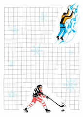 Vector template, the layout of a notebook page, an A6 notebook in an uneven, drawn square. A hockey player scoring puck and ice climber climbing ice mountain are depicted.