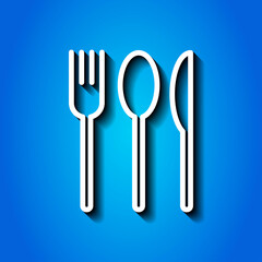 Fork spoon knife simple icon. Flat desing. White icon with shadow on blue background.ai