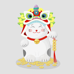China lion dance maneki neko cat set in chinese style.Vector graphic. Happy chinese new year illustration. Japanese icon with red china symbol.