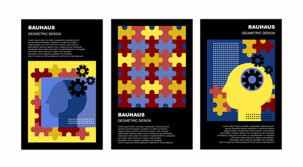 Obraz na płótnie Canvas Bauhaus brochure template. Geometric poster psychotherapy puzzle in modern style. Vector business banner. Education design.