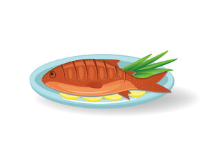 Grilled fish with rosemary and lemon on a plate. Whole roast dorado vector illustration